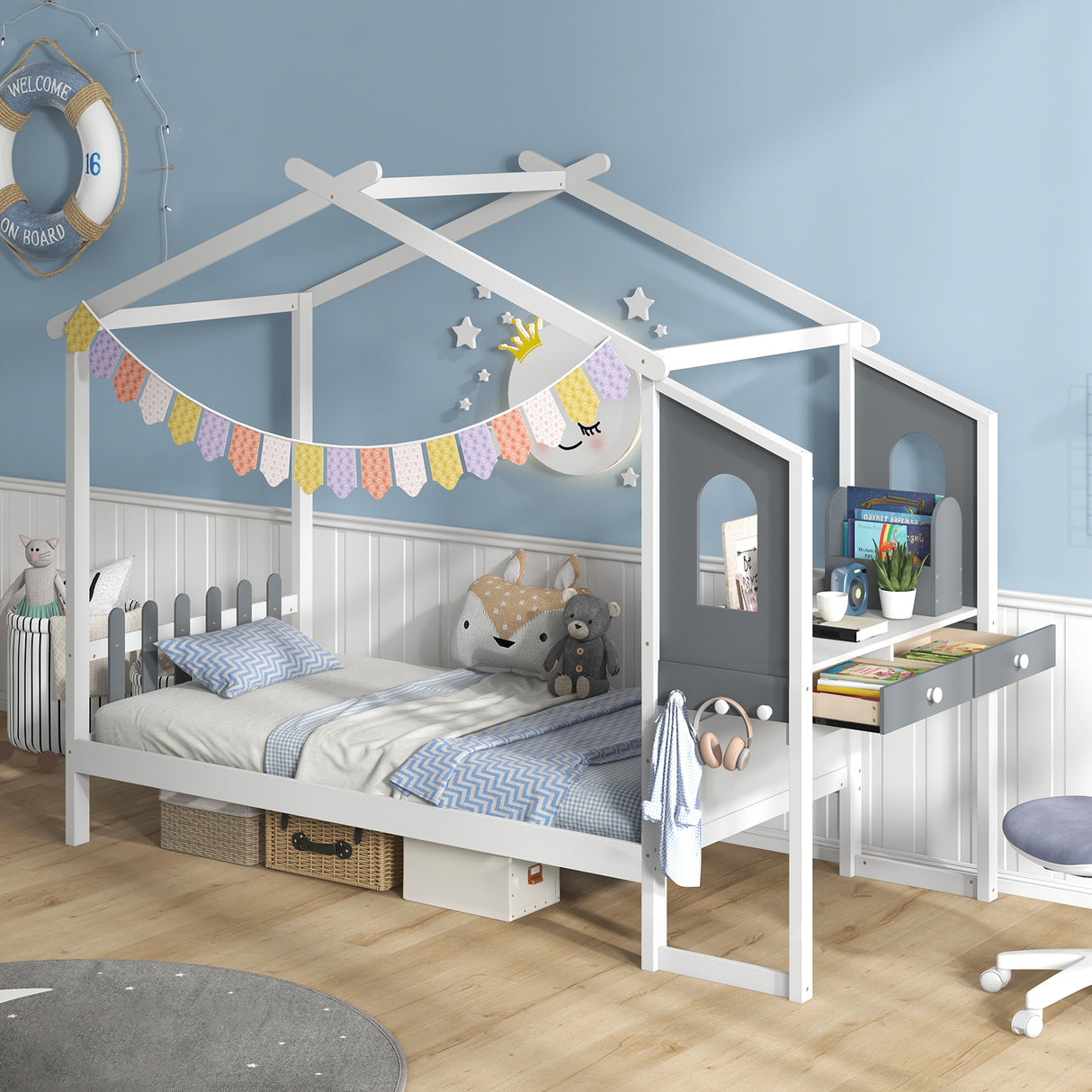 Twin/Full Bed Frame with House Roof Canopy and Fence for Kids