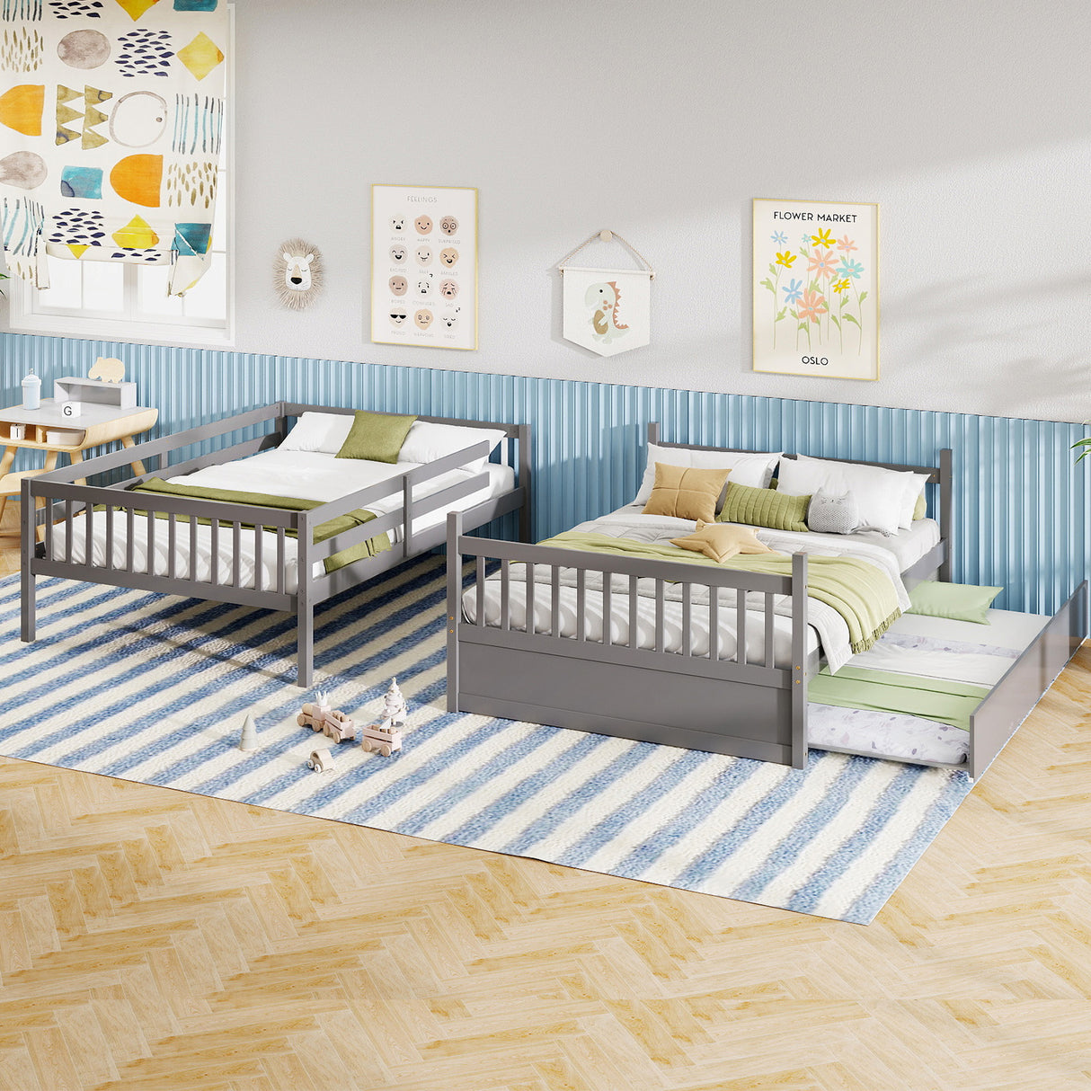 Full over Full Bunk Bed Platform Wood Bed with Ladder