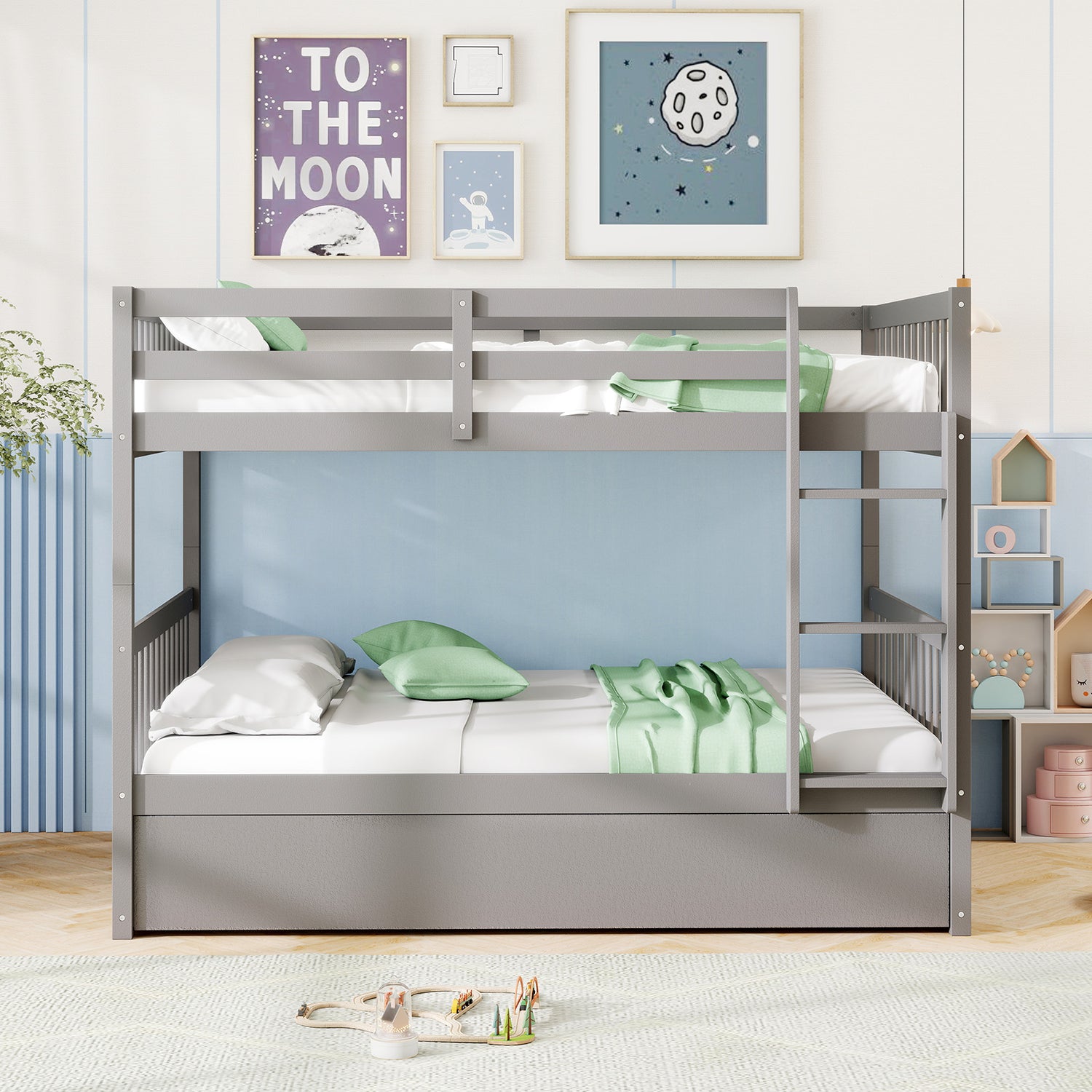 Full over Full Bunk Bed Platform Wood Bed with Ladder