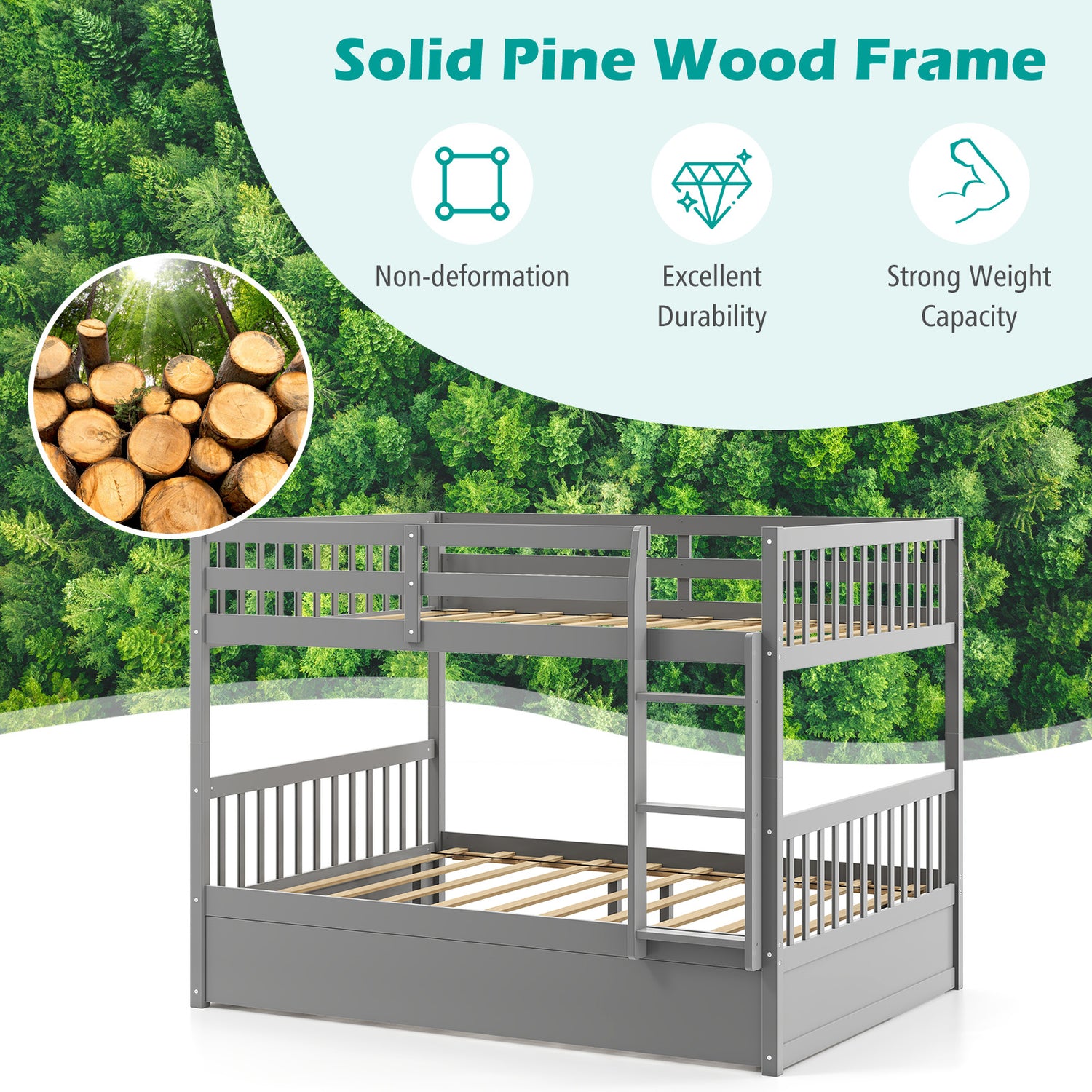 Full over Full Bunk Bed Platform Wood Bed with Ladder