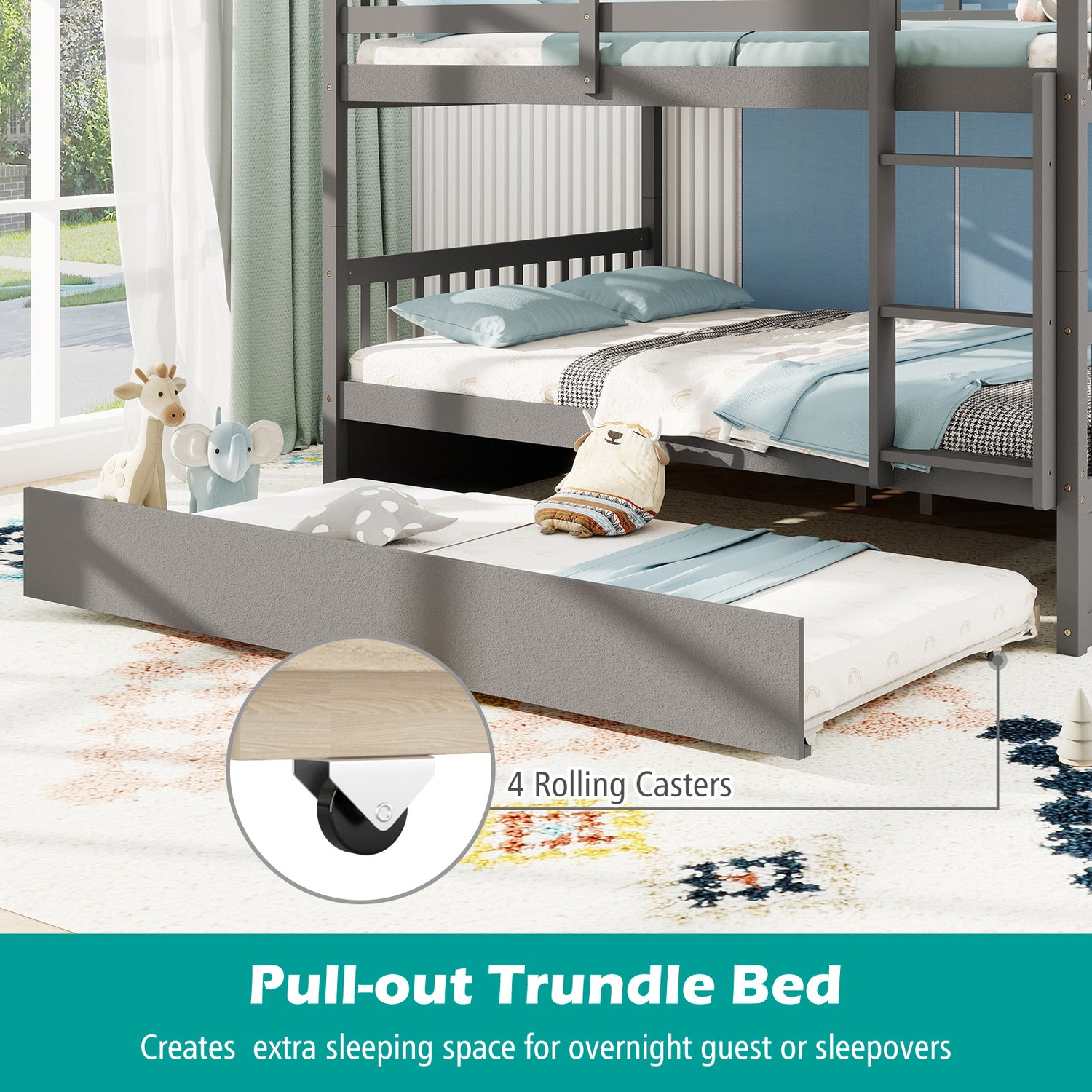 Full over Full Bunk Bed Platform Wood Bed with Ladder