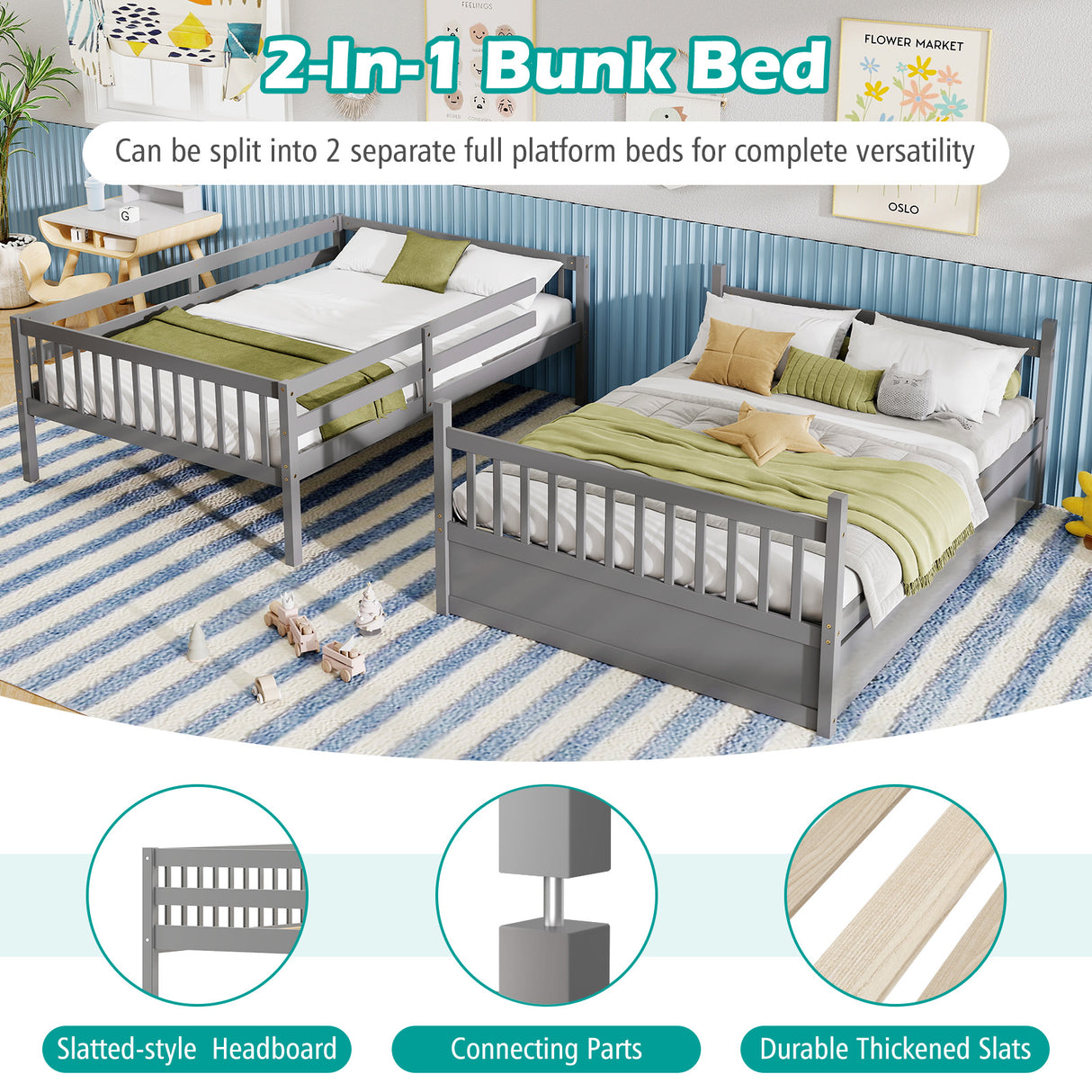 Full over Full Bunk Bed Platform Wood Bed with Ladder
