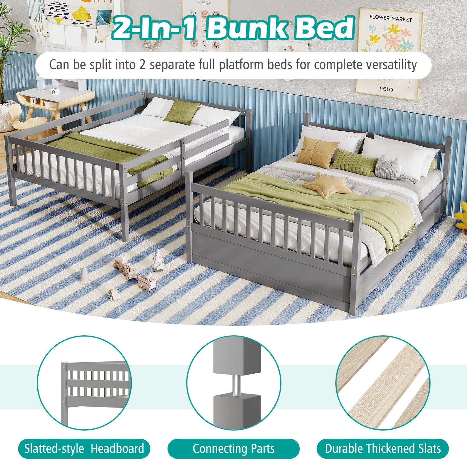 Full over Full Bunk Bed Platform Wood Bed with Ladder