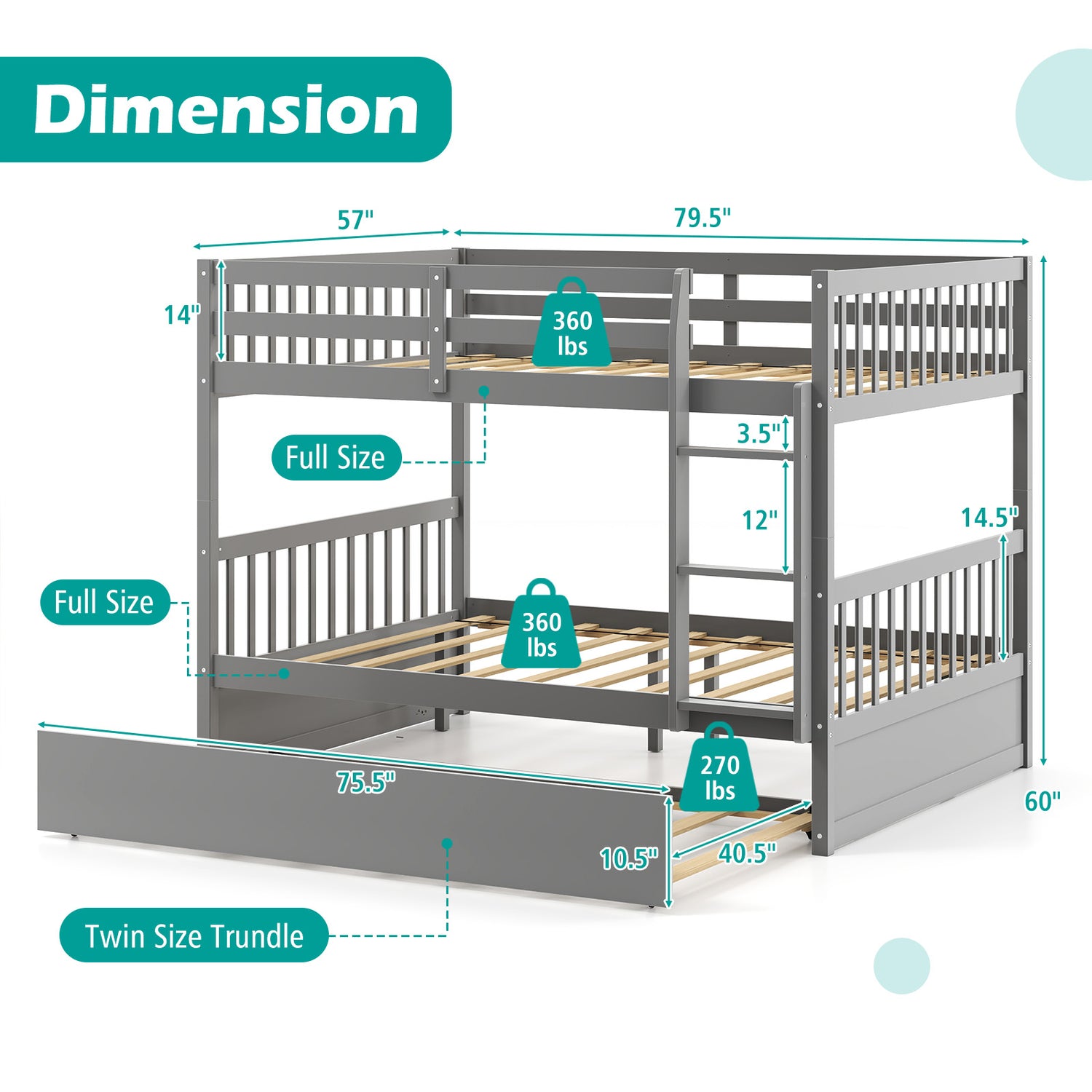 Full over Full Bunk Bed Platform Wood Bed with Ladder