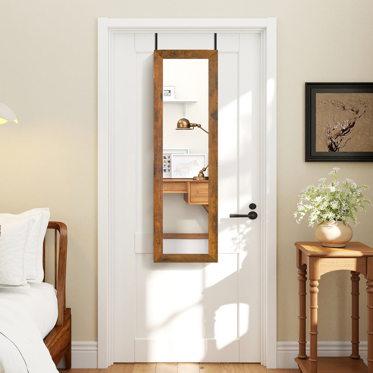 Full Length Mirror Jewelry Cabinet with Ring Slots and Necklace Hooks