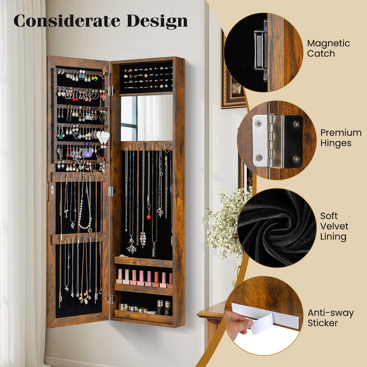 Full Length Mirror Jewelry Cabinet with Ring Slots and Necklace Hooks