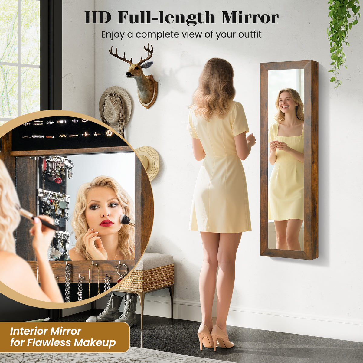 Full Length Mirror Jewelry Cabinet with Ring Slots and Necklace Hooks