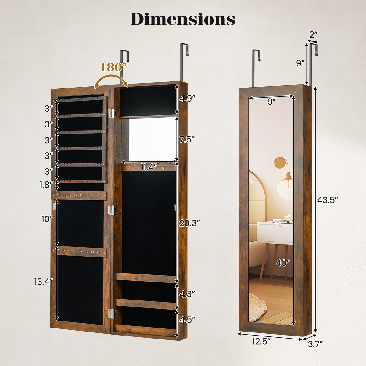 Full Length Mirror Jewelry Cabinet with Ring Slots and Necklace Hooks