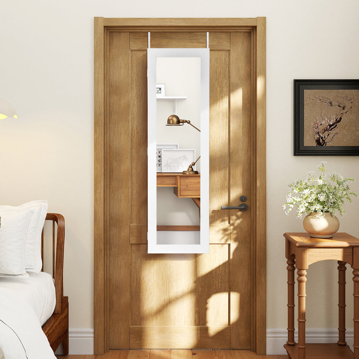 Full Length Mirror Jewelry Cabinet with Ring Slots and Necklace Hooks
