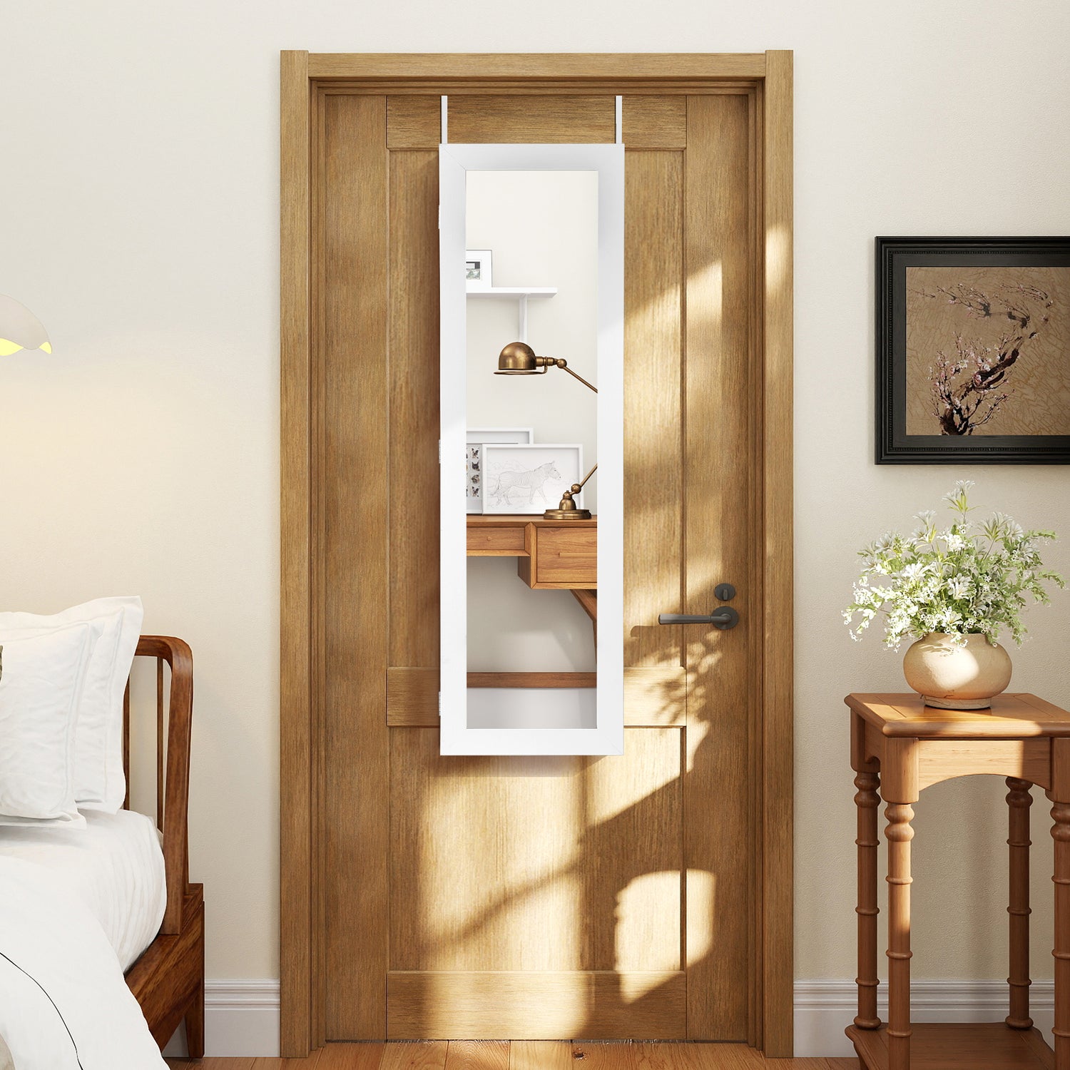 Full Length Mirror Jewelry Cabinet with Ring Slots and Necklace Hooks