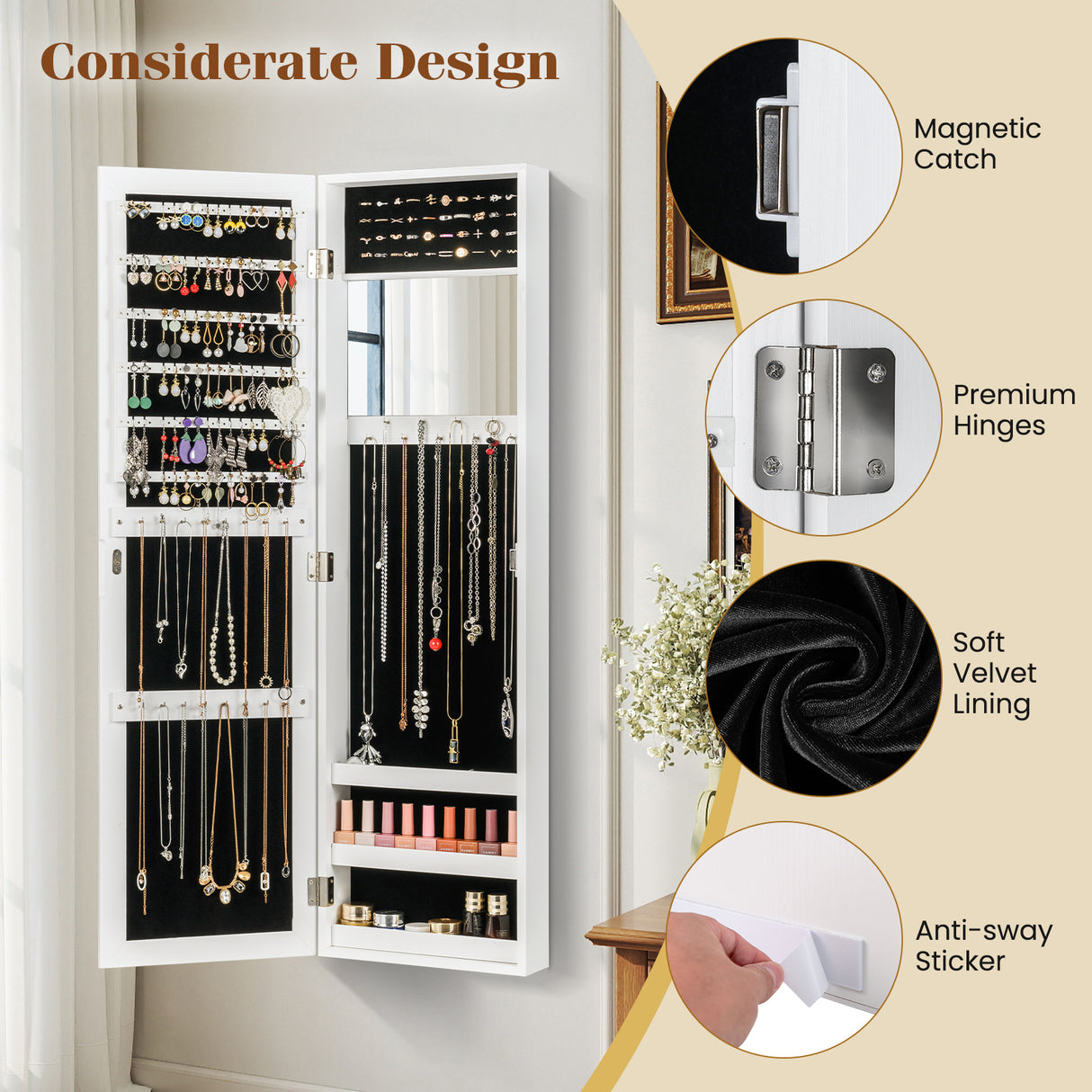Full Length Mirror Jewelry Cabinet with Ring Slots and Necklace Hooks
