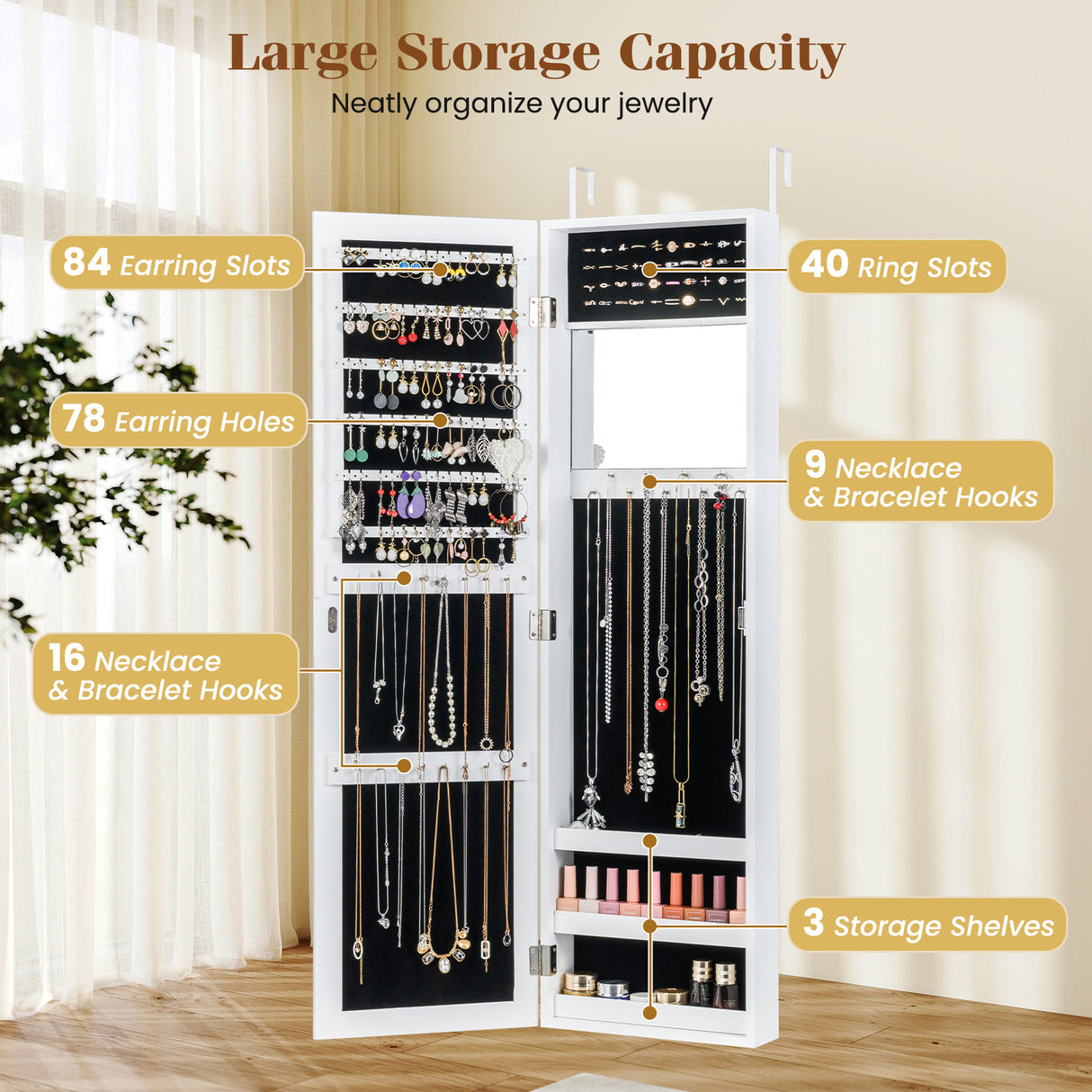 Full Length Mirror Jewelry Cabinet with Ring Slots and Necklace Hooks