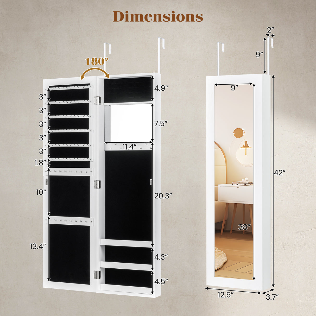 Full Length Mirror Jewelry Cabinet with Ring Slots and Necklace Hooks