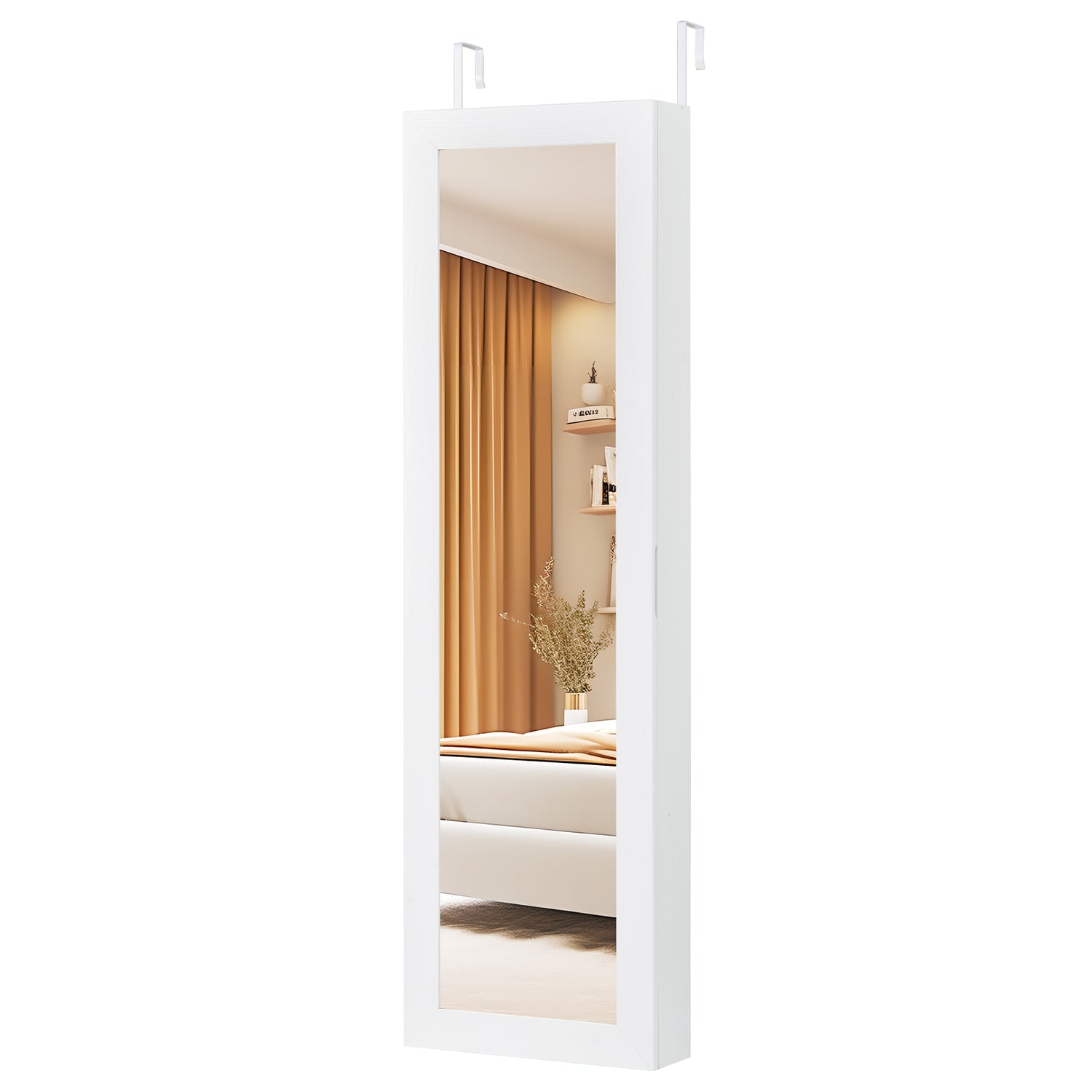 Full Length Mirror Jewelry Cabinet with Ring Slots and Necklace Hooks