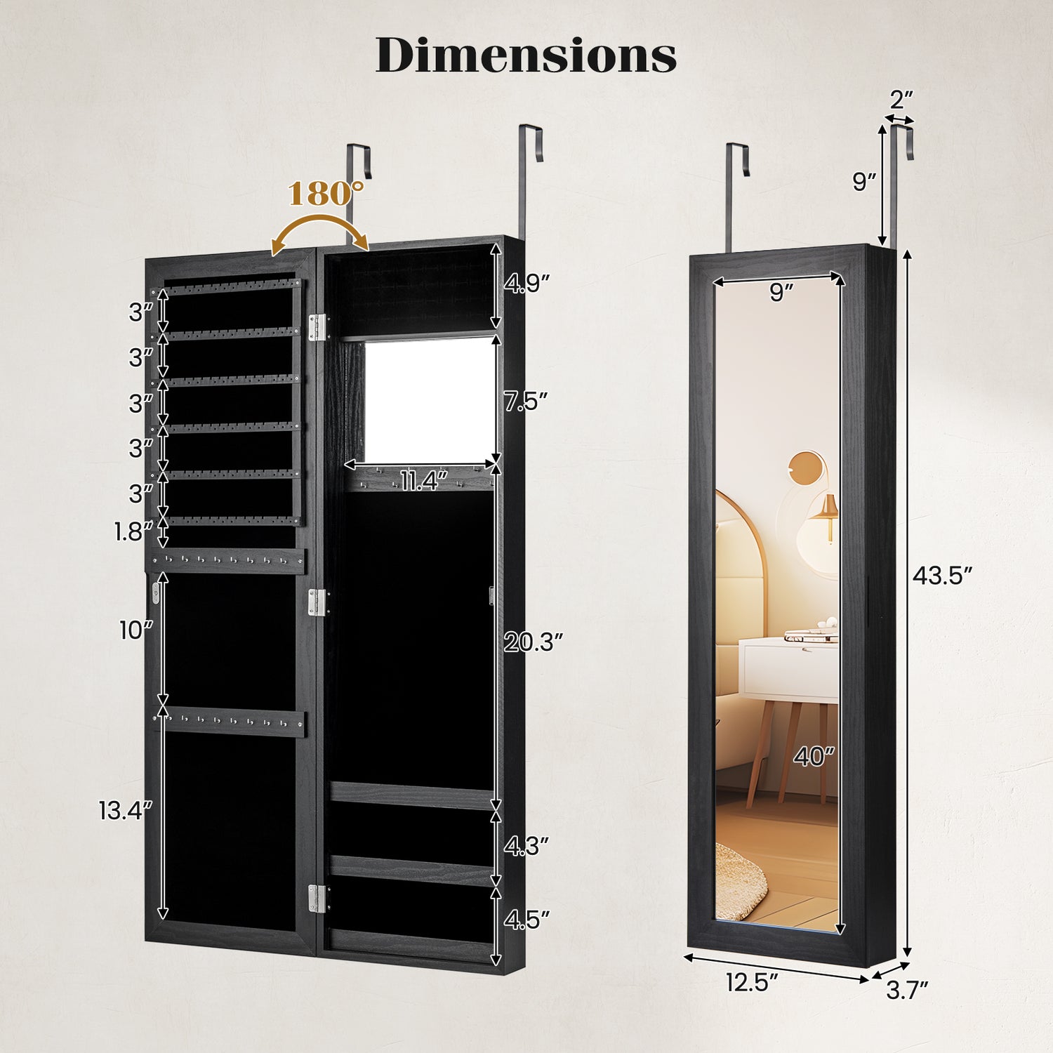 Full Length Mirror Jewelry Cabinet with Ring Slots and Necklace Hooks