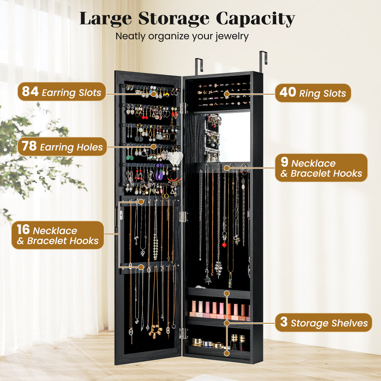 Full Length Mirror Jewelry Cabinet with Ring Slots and Necklace Hooks