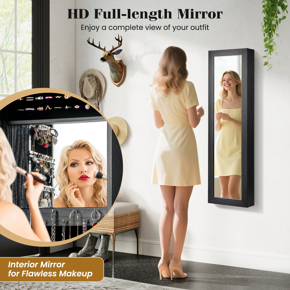 Full Length Mirror Jewelry Cabinet with Ring Slots and Necklace Hooks