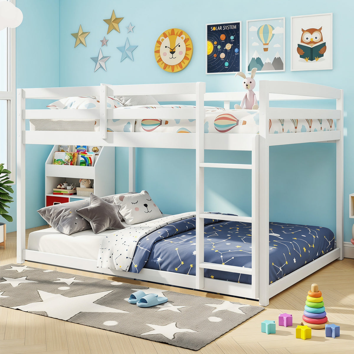 Full Over Full Bunk Bed with Integrated Ladder and Safety Guardrails Solid Wood