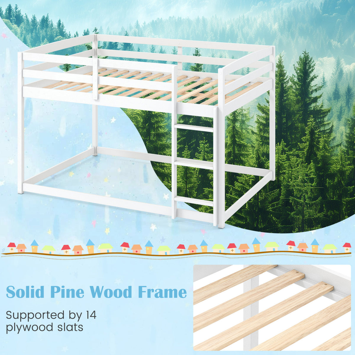 Full Over Full Bunk Bed with Integrated Ladder and Safety Guardrails Solid Wood