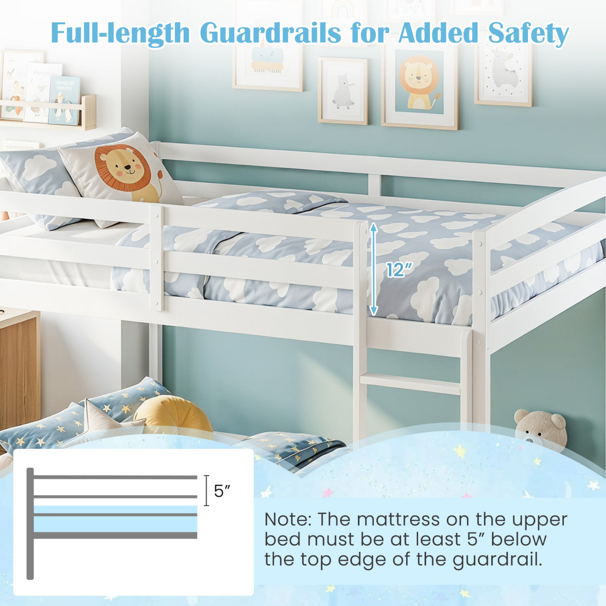 Full Over Full Bunk Bed with Integrated Ladder and Safety Guardrails Solid Wood