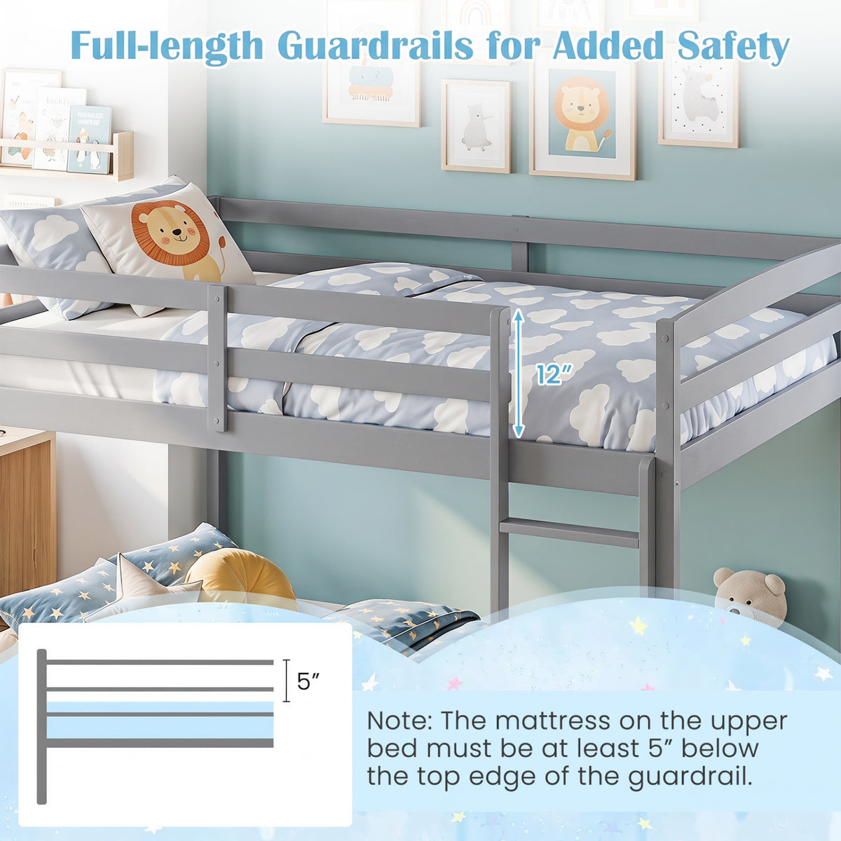 Full Over Full Bunk Bed with Integrated Ladder and Safety Guardrails Solid Wood