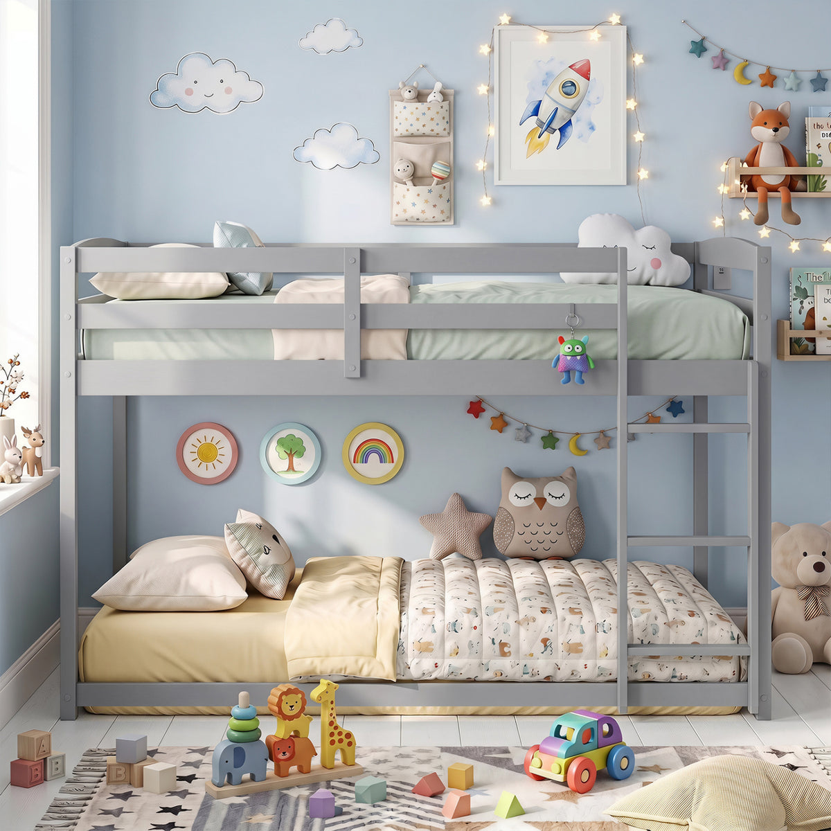 Full Over Full Bunk Bed with Integrated Ladder and Safety Guardrails Solid Wood