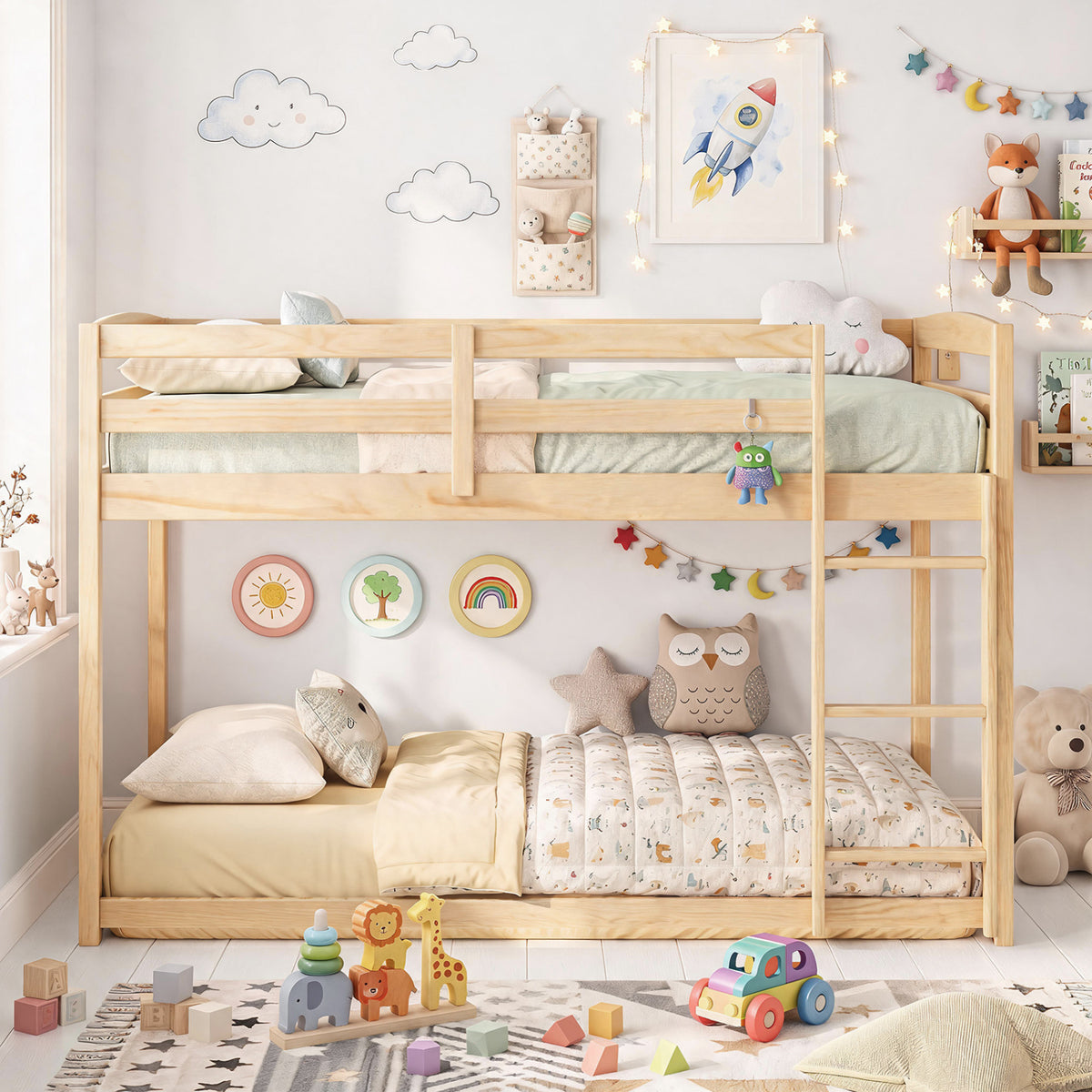 Full Over Full Bunk Bed with Integrated Ladder and Safety Guardrails Solid Wood