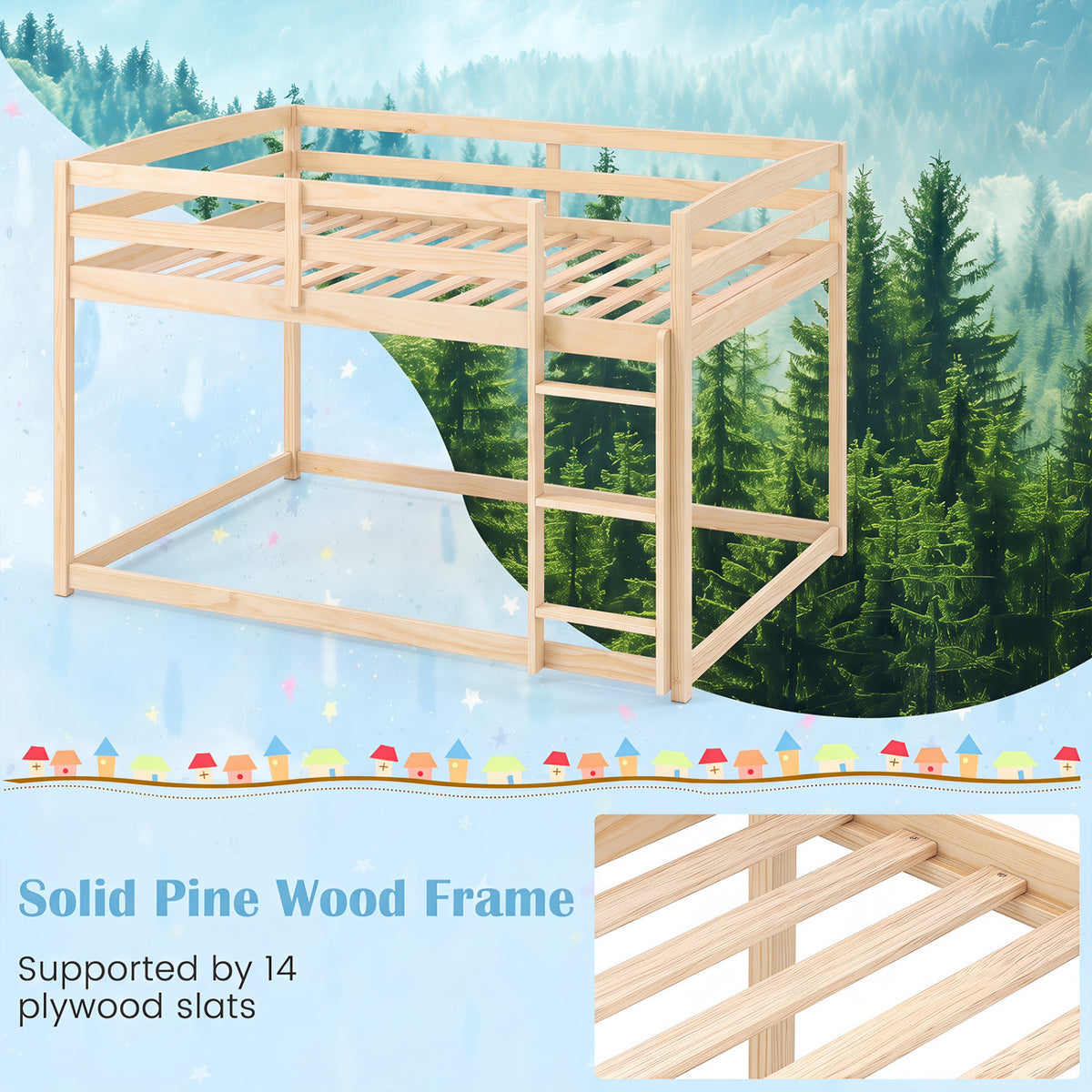 Full Over Full Bunk Bed with Integrated Ladder and Safety Guardrails Solid Wood