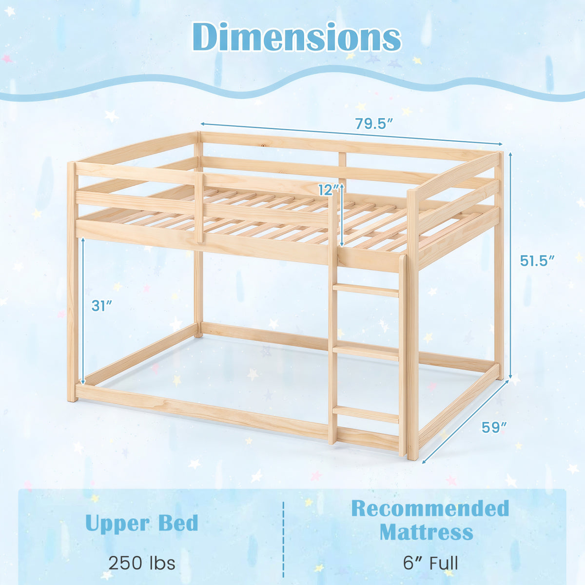 Full Over Full Bunk Bed with Integrated Ladder and Safety Guardrails Solid Wood