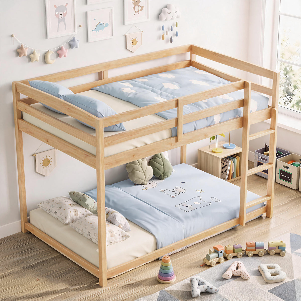 Full Over Full Bunk Bed with Integrated Ladder and Safety Guardrails Solid Wood
