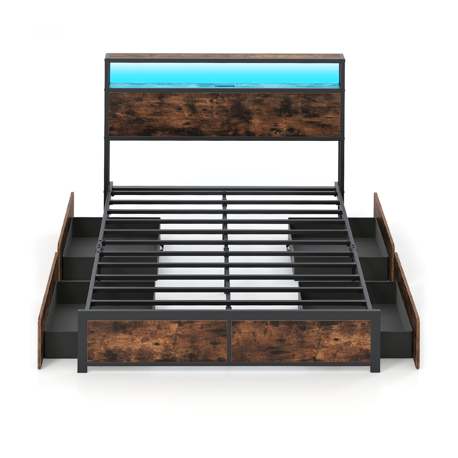 Full/Queen Size LED Bed Frame with Charging Station and 4 Storage Drawers