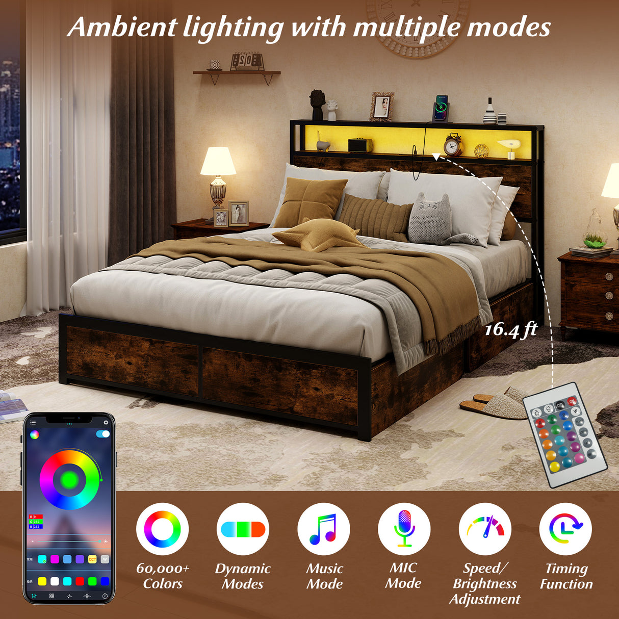 Full/Queen Size LED Bed Frame with Charging Station and 4 Storage Drawers