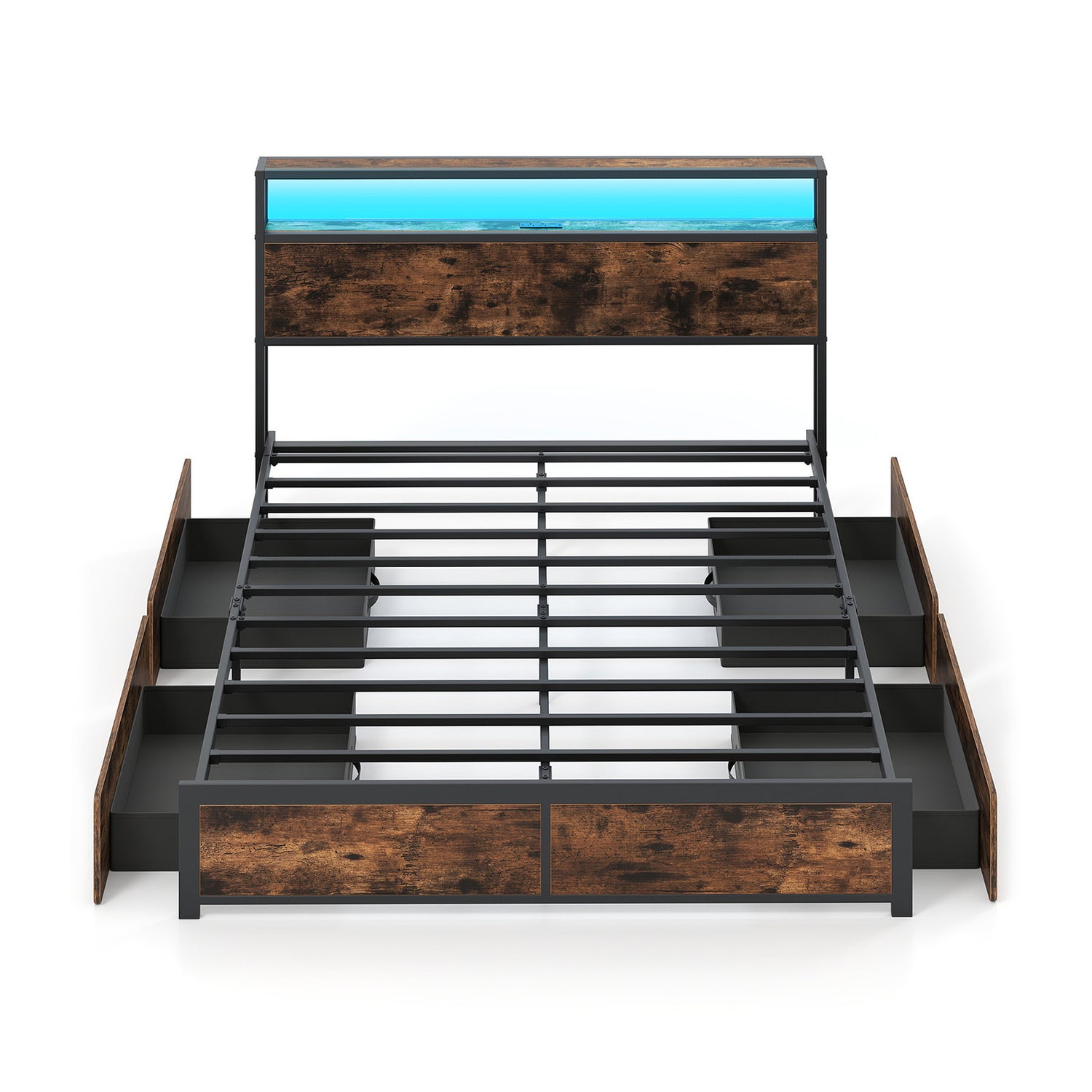 Full/Queen Size LED Bed Frame with Charging Station and 4 Storage Drawers