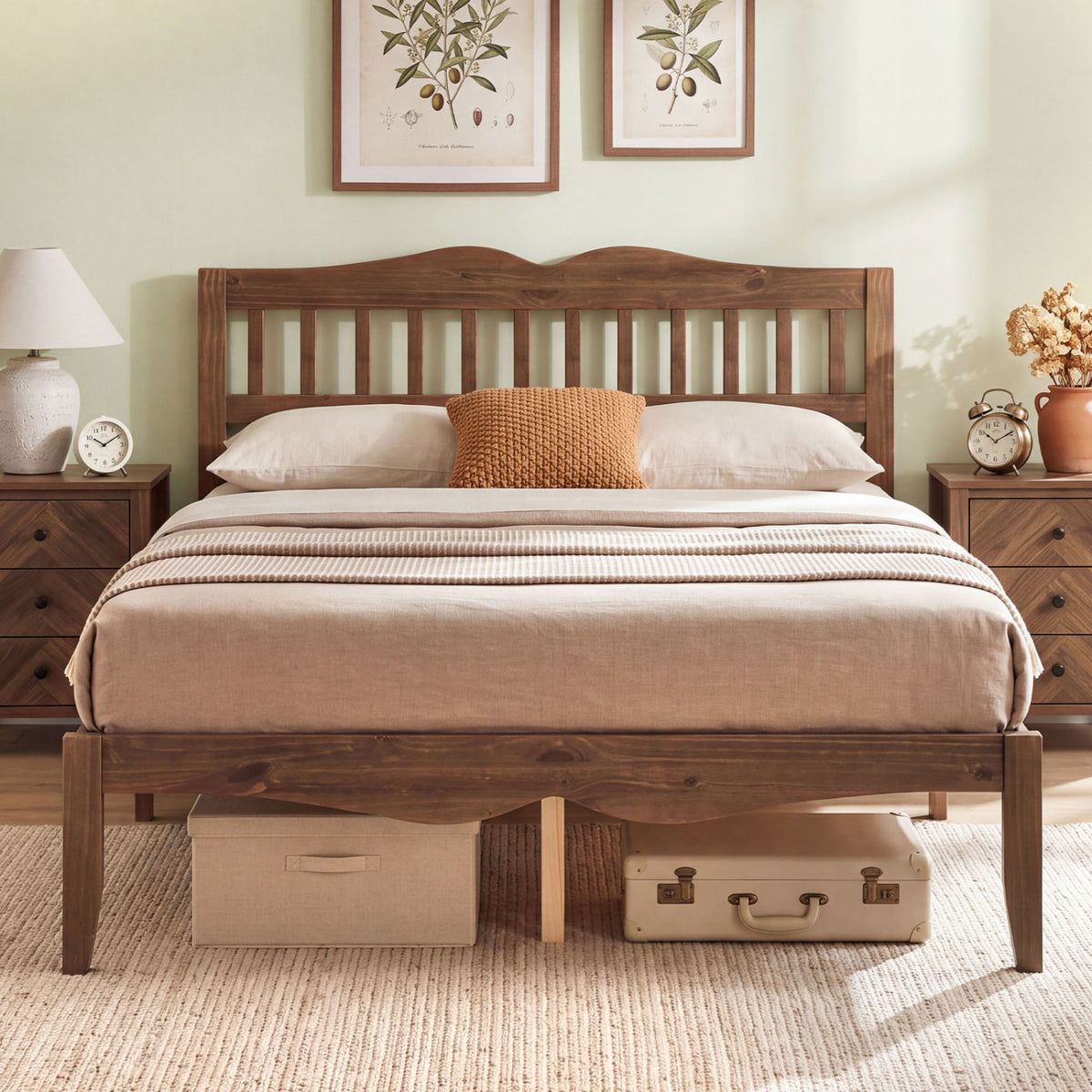 Full/Queen Size Modern Farmhouse Style Bed Frame with Solid Wood Frame White Walnut