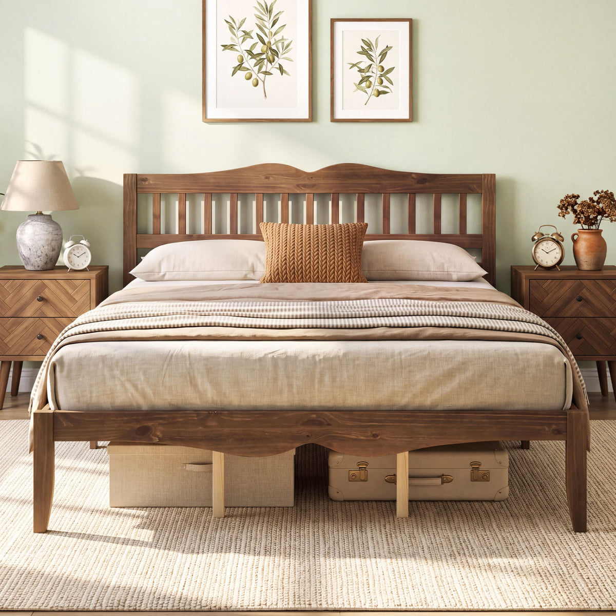 Full/Queen Size Modern Farmhouse Style Bed Frame with Solid Wood Frame White Walnut