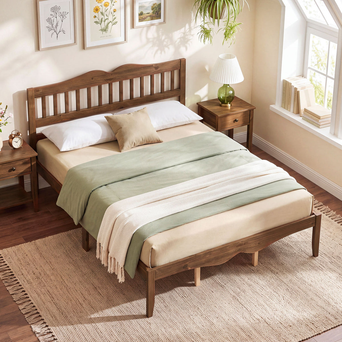 Full/Queen Size Modern Farmhouse Style Bed Frame with Solid Wood Frame White Walnut