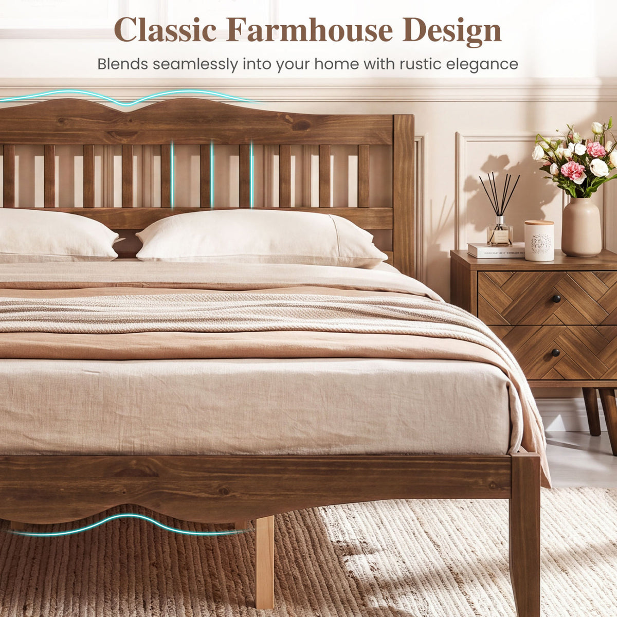 Full/Queen Size Modern Farmhouse Style Bed Frame with Solid Wood Frame White Walnut