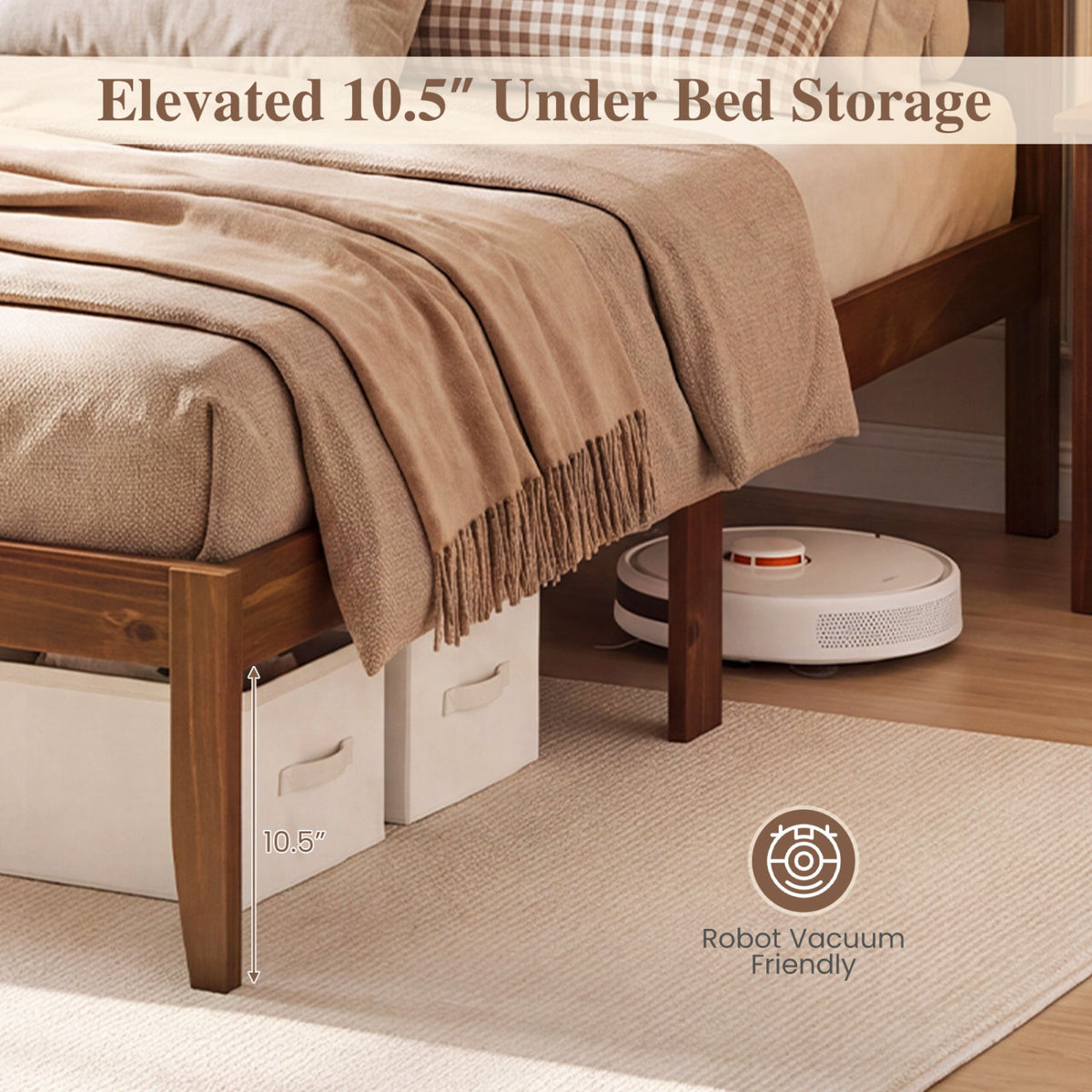 Full/Queen Size Modern Farmhouse Style Bed Frame with Solid Wood Frame White Walnut