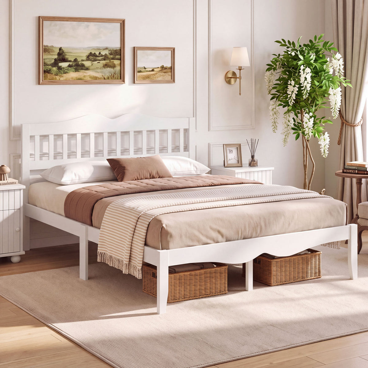 Full/Queen Size Modern Farmhouse Style Bed Frame with Solid Wood Frame