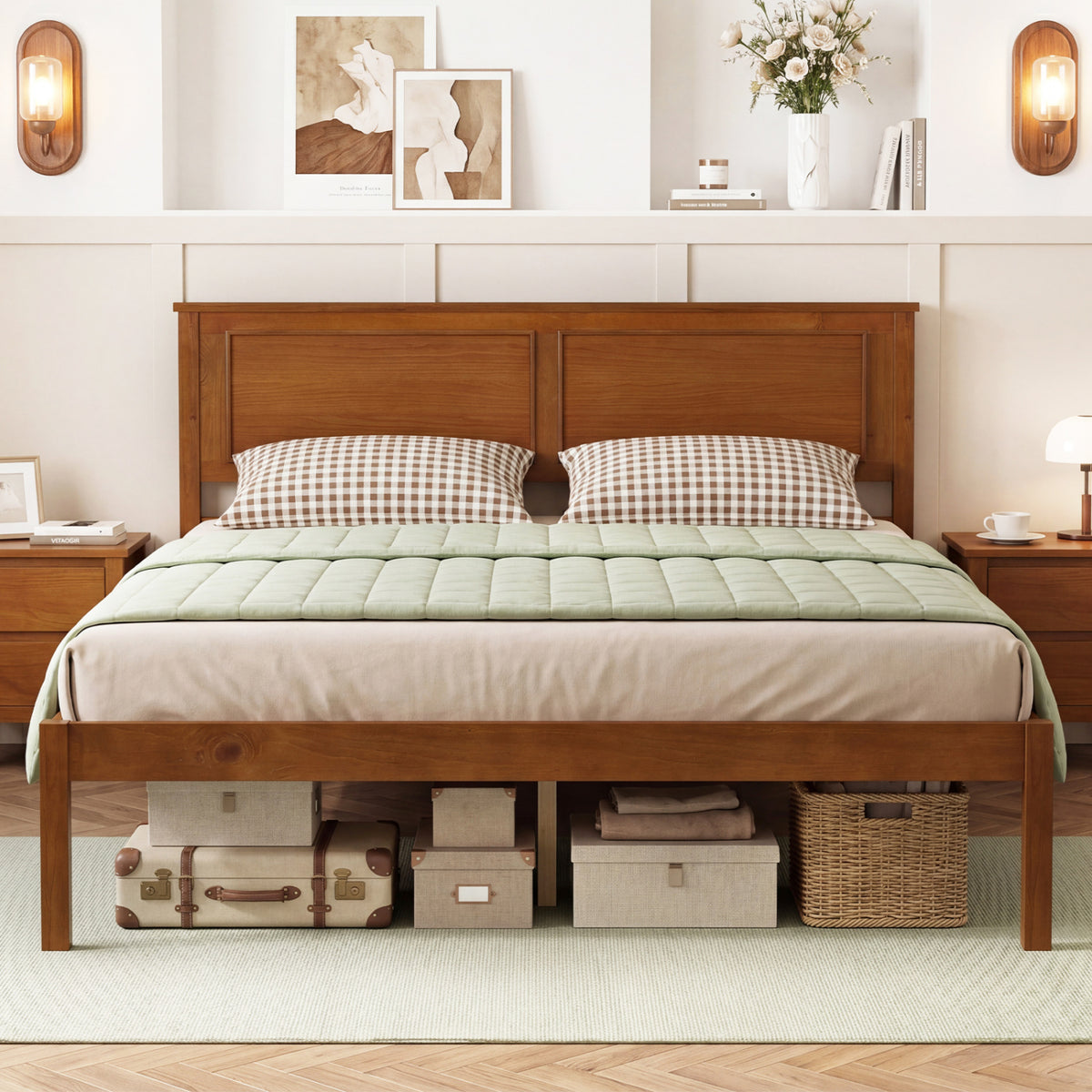 Full/Queen/Twin Size Bed Frame Farmhouse Wooden Platform Bed with Headboard