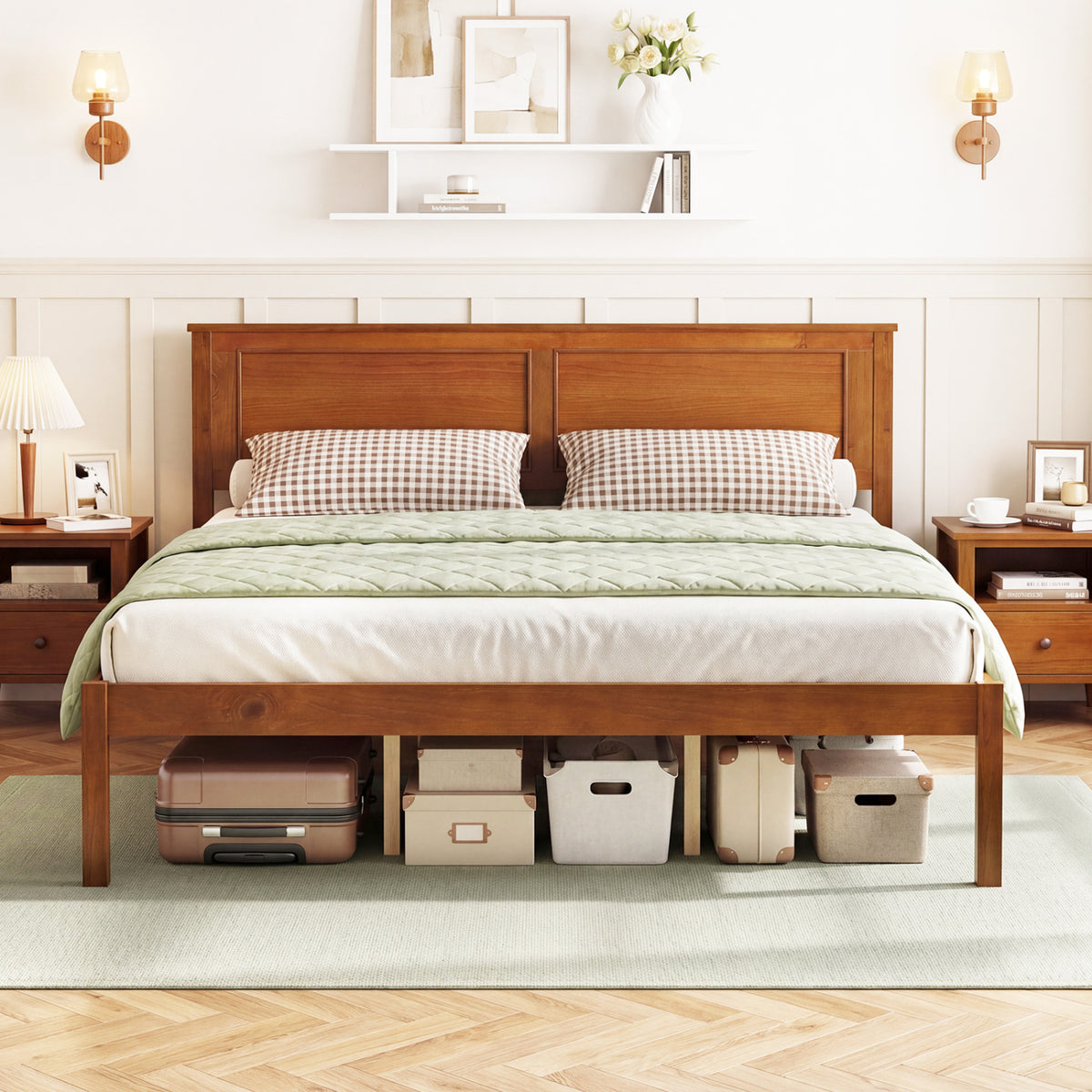 Full/Queen/Twin Size Bed Frame Farmhouse Wooden Platform Bed with Headboard