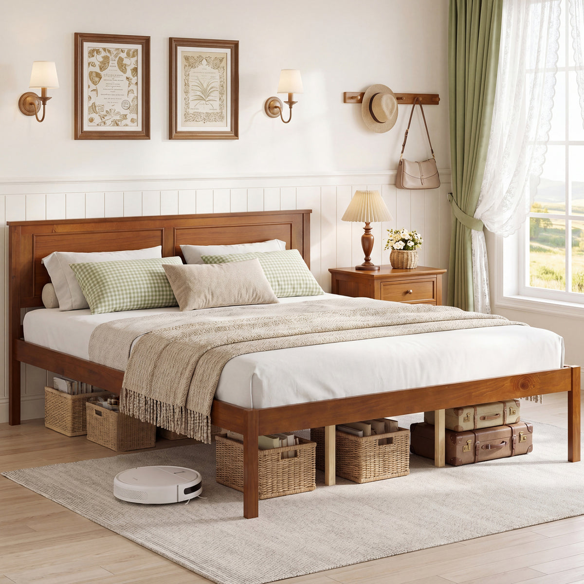 Full/Queen/Twin Size Bed Frame Farmhouse Wooden Platform Bed with Headboard
