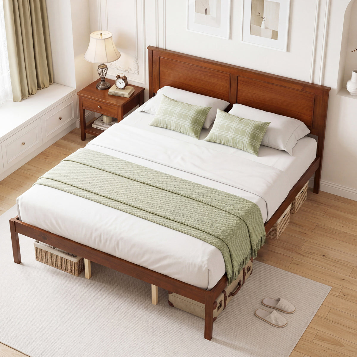 Full/Queen/Twin Size Bed Frame Farmhouse Wooden Platform Bed with Headboard
