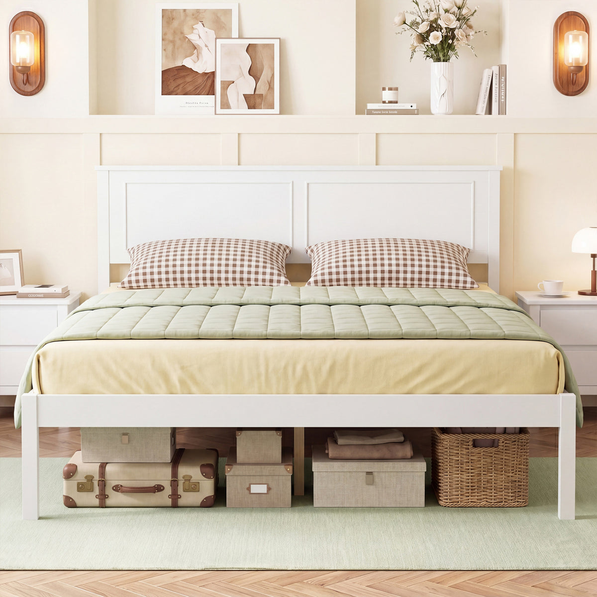 Full/Queen/Twin Size Bed Frame Farmhouse Wooden Platform Bed with Headboard White