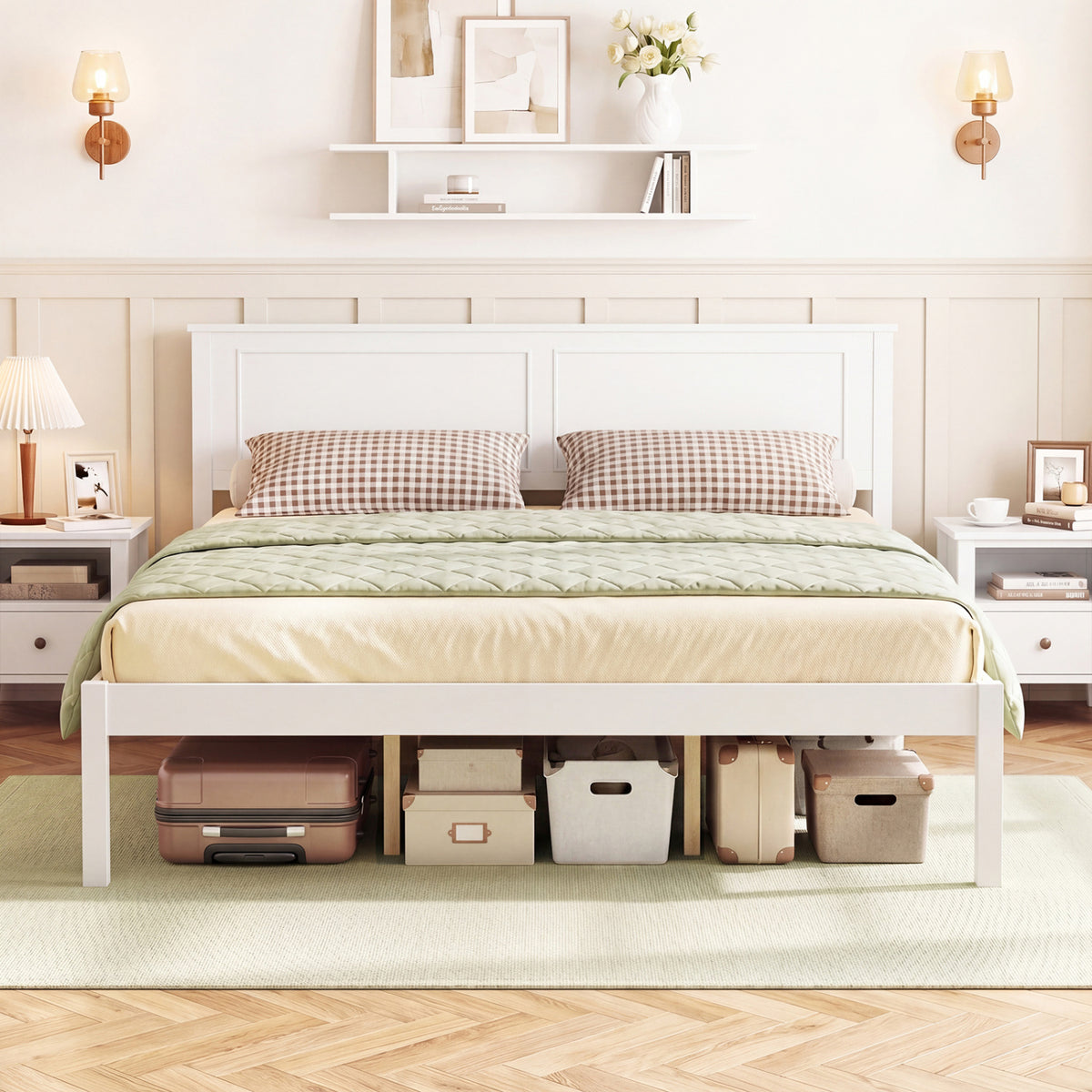 Full/Queen/Twin Size Bed Frame Farmhouse Wooden Platform Bed with Headboard White