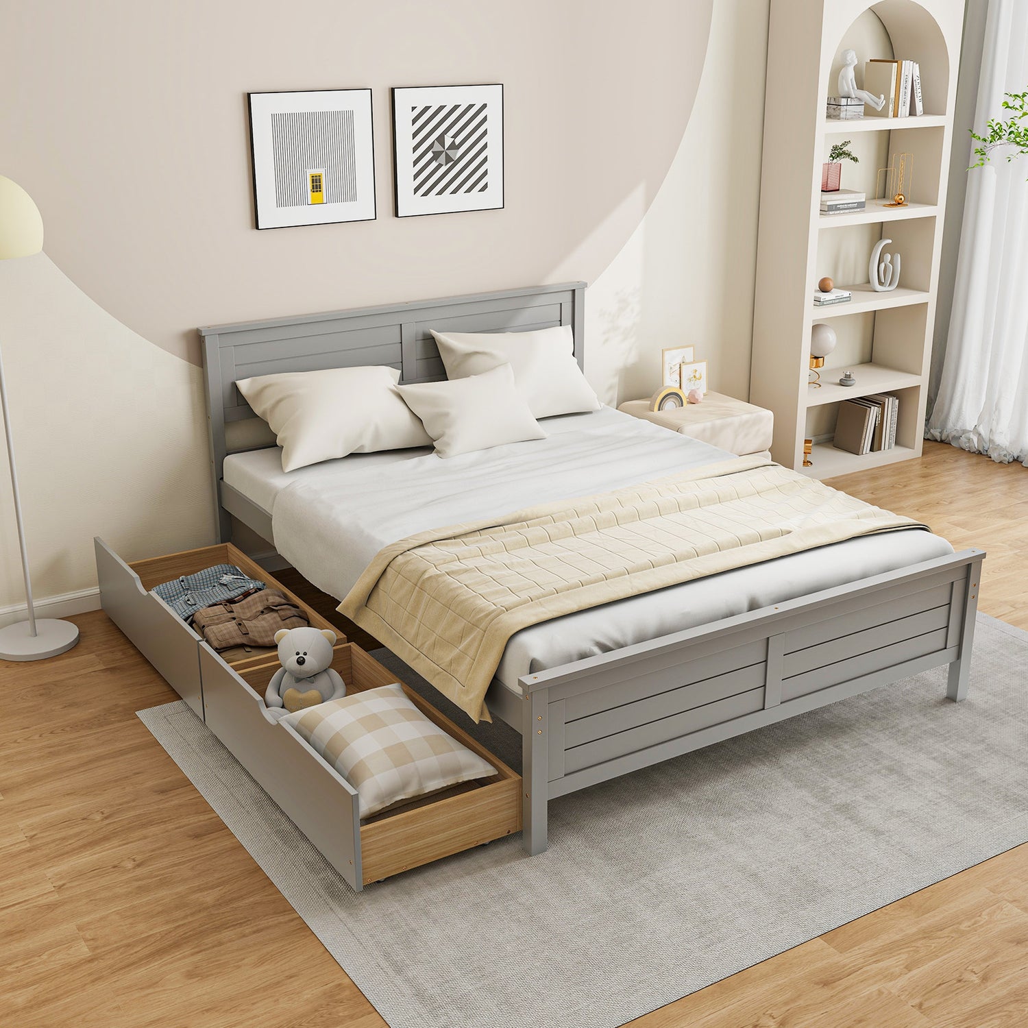 Full Size Bed Frame with Storage Drawers and Solid Wood Headboard