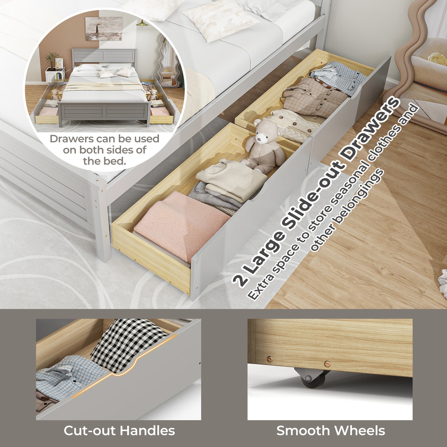 Full Size Bed Frame with Storage Drawers and Solid Wood Headboard