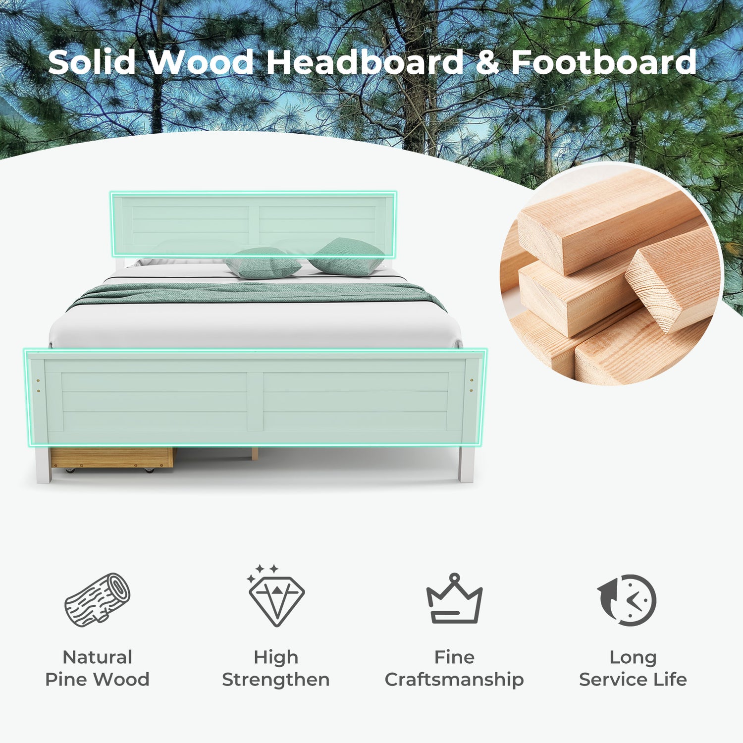 Full Size Bed Frame with Storage Drawers and Solid Wood Headboard