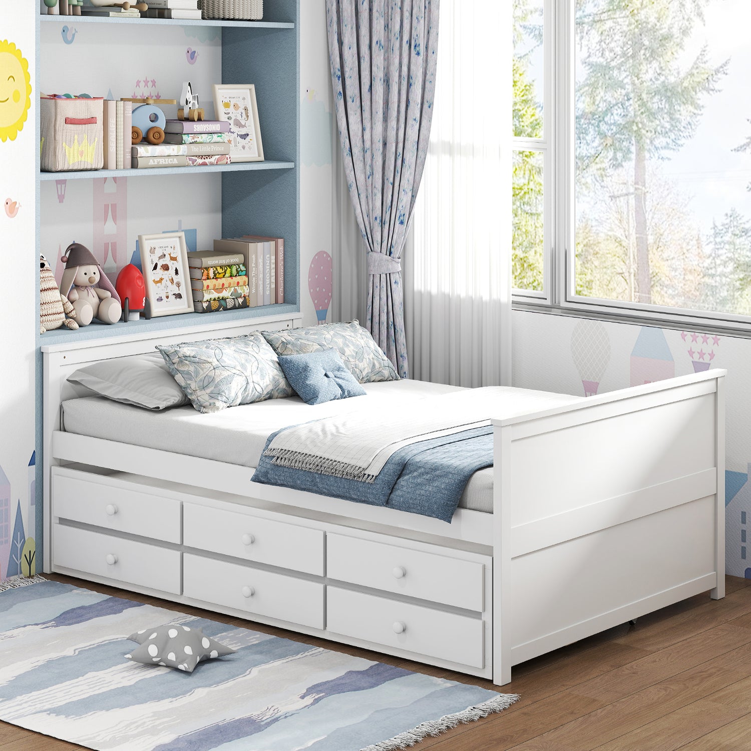 Full Size Bed Frame with Twin Trundle and 3 Storage Drawers for Teens Adults-White