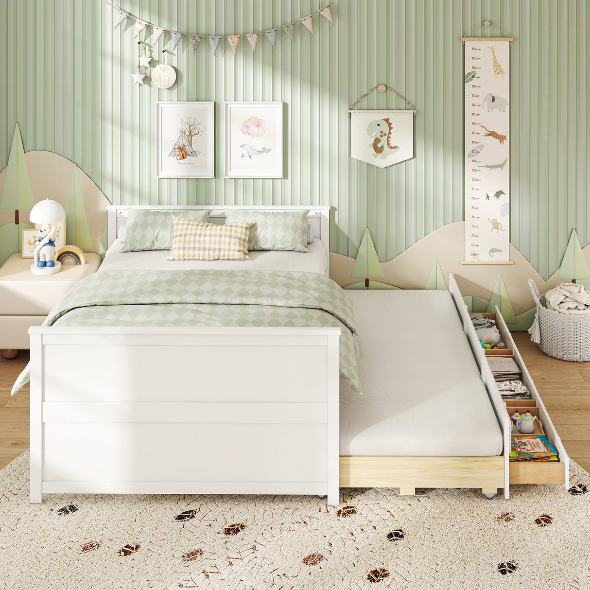 Full Size Bed Frame with Twin Trundle and 3 Storage Drawers for Teens Adults-White